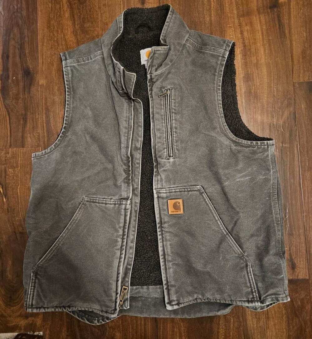 Carhartt V33 GVL Gravel Gray Sandstone Sherpa Lined Canvas Work Vest Men's M Zip